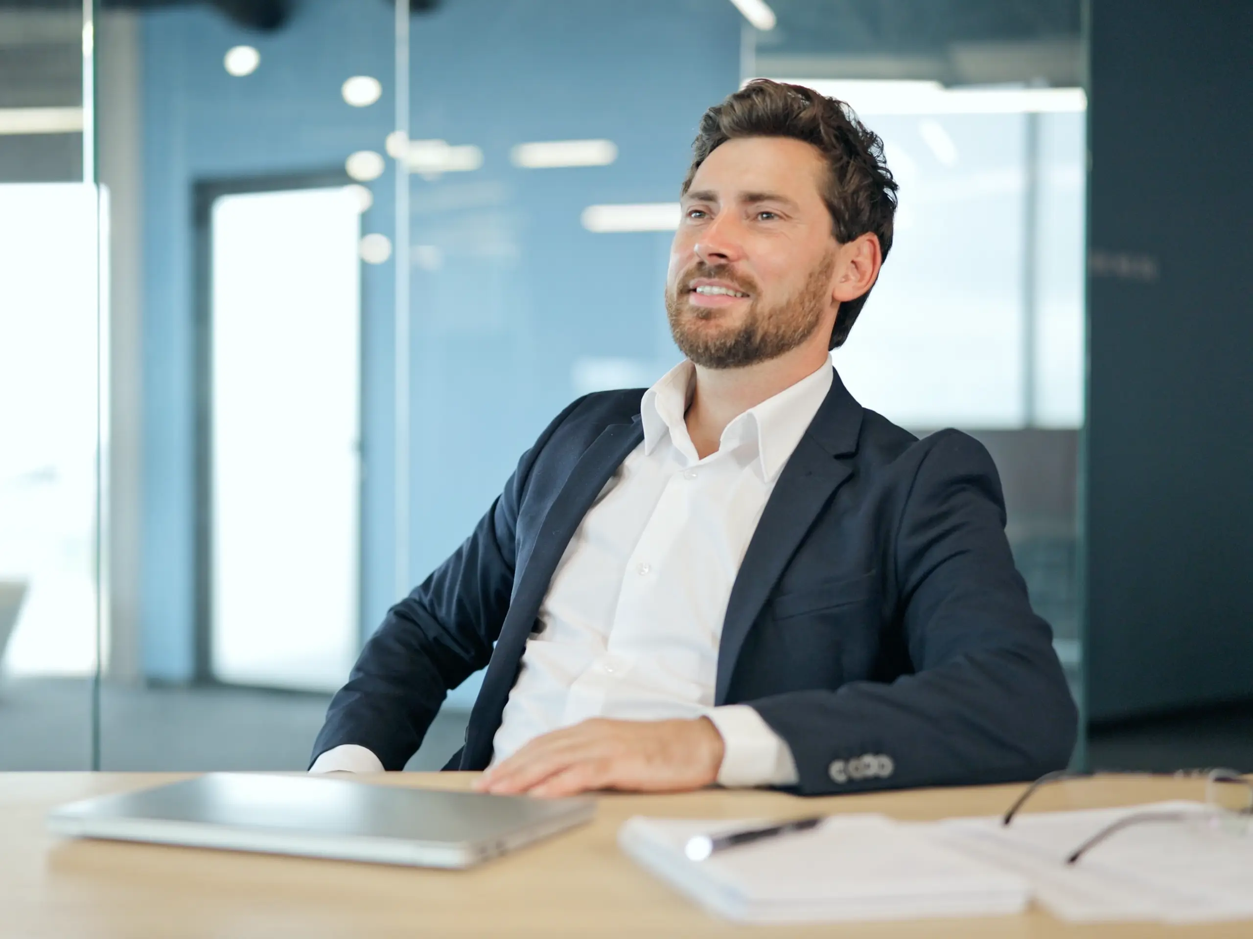 businessperson, formal wear, management, sitting, laptop, office
