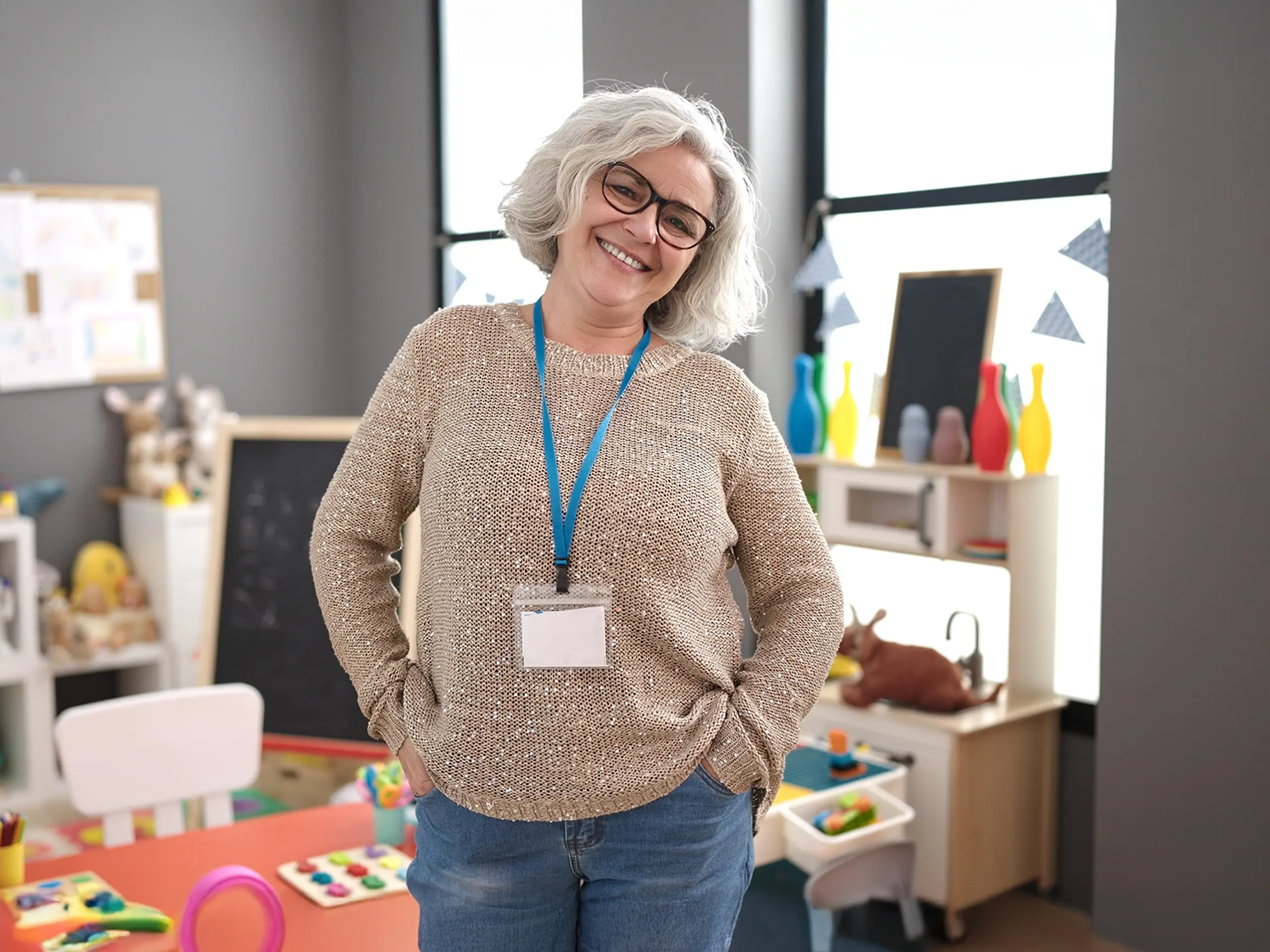 Business woman, smile, nursery, toys
