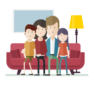 Family Legal Protection Illustration Family of four sitting on a red sofa