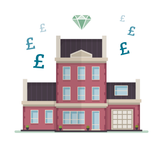 High Net Worth Illustration Grand brick house surrounded by £ signs and topped with a diamond